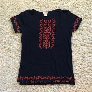 J. Crew Blue and Orange Embroidered Tee